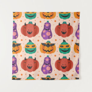 Spooky pumpkins in scary costumes. Happy Halloween Tapestry