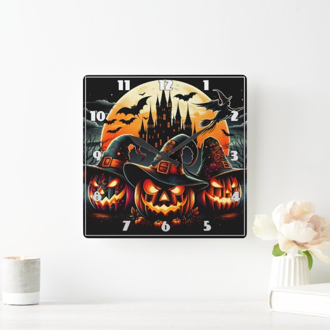 Spooky pumpkins shine in moonlight square wall clock (Home)