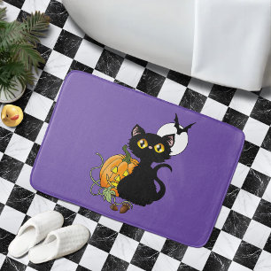 Spooky Purple Cute Black Cat Halloween Pumpkin Bath Mat