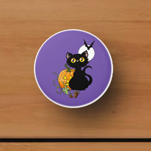 Spooky Purple Cute Black Cat Halloween Pumpkin Ceramic Knob