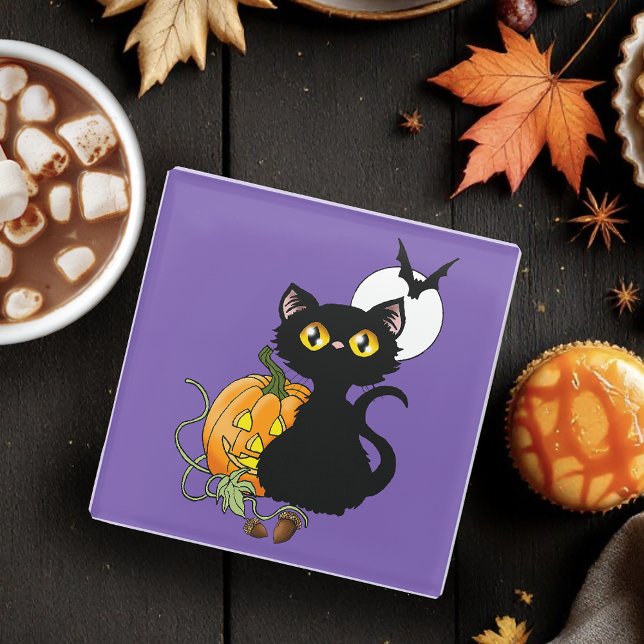 Spooky Purple Cute Black Cat Halloween Pumpkin Glass Coaster (Creator Uploaded)