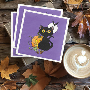 Spooky Purple Cute Black Cat Halloween Pumpkin Napkin