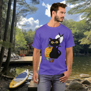 Spooky Purple Cute Black Cat Halloween Pumpkin T-Shirt