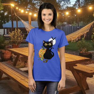 Spooky Purple Cute Black Cat Halloween Pumpkin T-Shirt