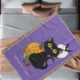Spooky Purple Cute Black Cat Halloween Pumpkin Throw Blanket