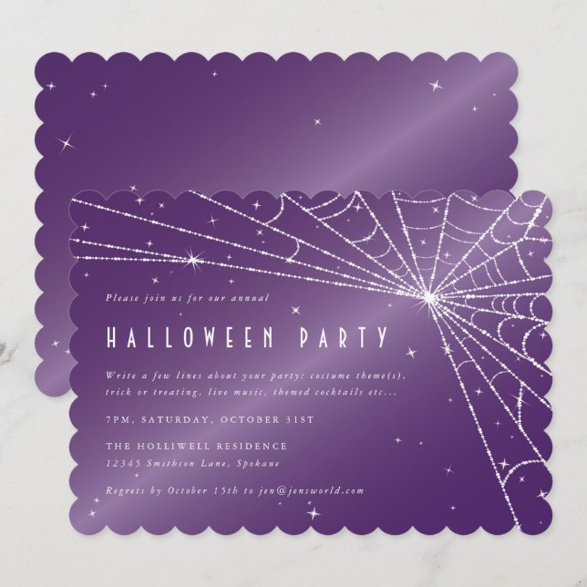Spooky Purple Diamond Spider Web Halloween Party Invitation (Front/Back)