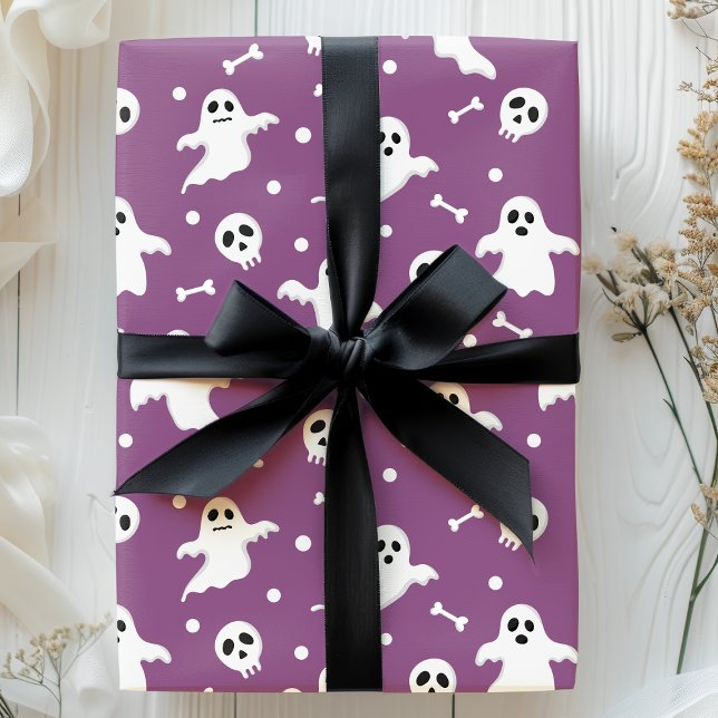 Spooky Purple Ghosts & Skulls Halloween Wrapping Paper (Creator Uploaded)