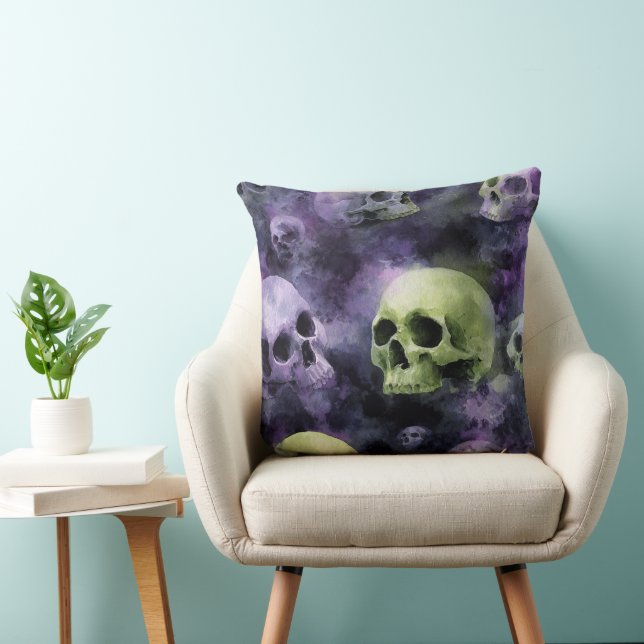 SPOOKY PURPLE & GREEN HALLOWEEN SKULLS & STRIPES CUSHION (Chair)