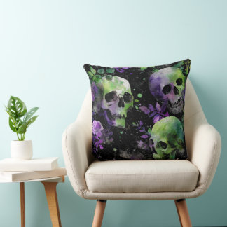 SPOOKY PURPLE & GREEN HALLOWEEN SKULLS & STRIPES CUSHION