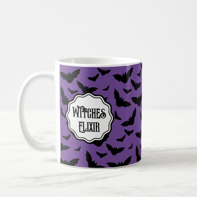 Spooky Purple Halloween Black Bats Coffee Mug (Left)