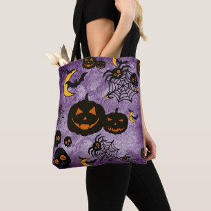 SPOOKY PURPLE HALLOWEEN PUMPKINS SPIDER WEBS TOTE BAG