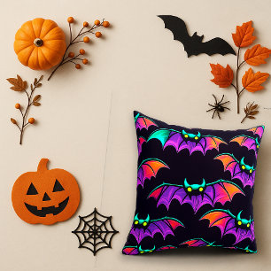 Spooky Purple Neon Flying Bat Pattern Cushion