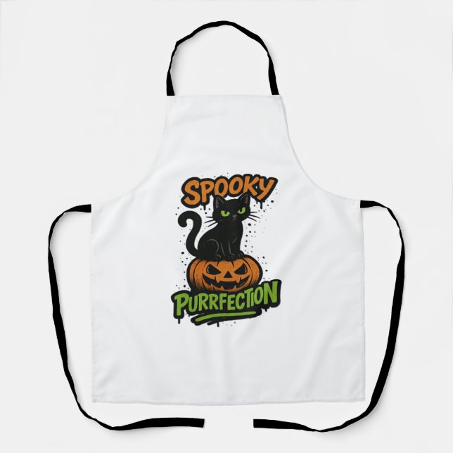 Spooky Purrfection – Cute Black Cat on Pumpkin Hal Apron (Front)