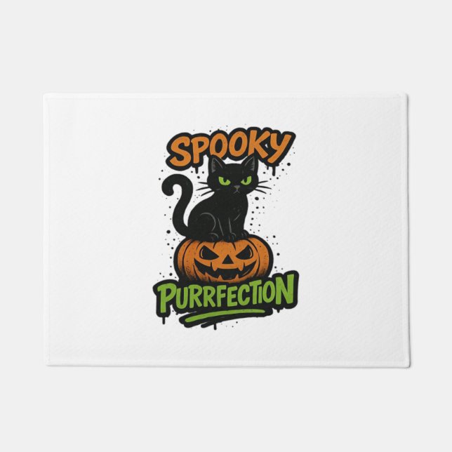 Spooky Purrfection – Cute Black Cat on Pumpkin Hal Doormat (Front)