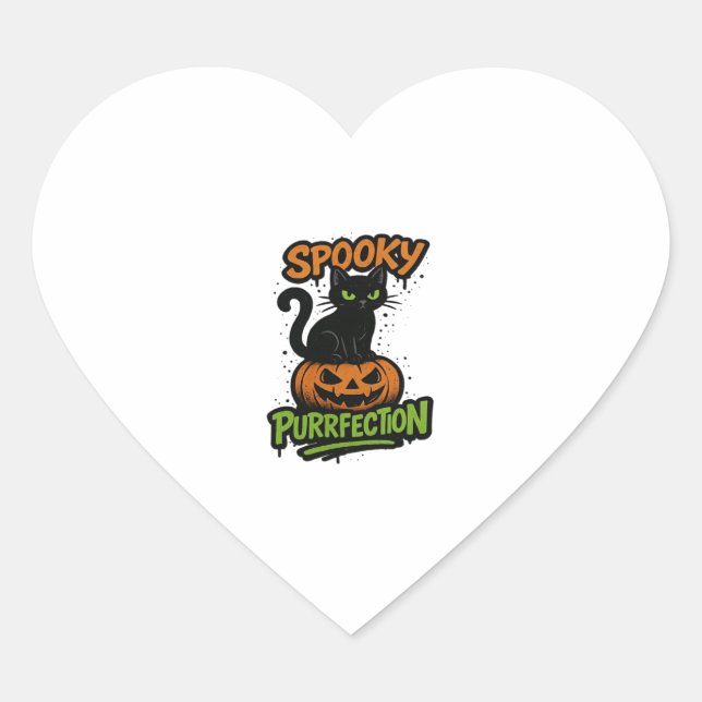 Spooky Purrfection � Cute Black Cat on Pumpkin Hal Heart Sticker (Front)