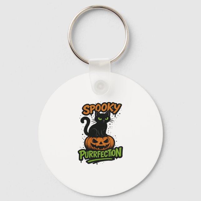 Spooky Purrfection � Cute Black Cat on Pumpkin Hal Key Ring (Front)