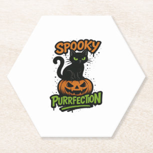 Spooky Purrfection � Cute Black Cat on Pumpkin Hal Paper Coaster