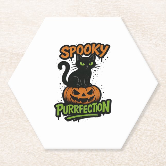 Spooky Purrfection � Cute Black Cat on Pumpkin Hal Paper Coaster (Front)