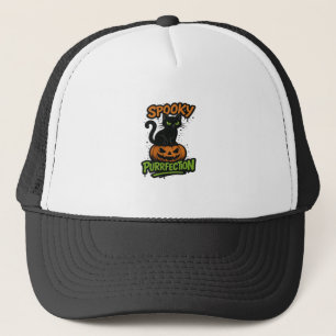 Spooky Purrfection  Cute Black Cat on Pumpkin Hall Trucker Hat