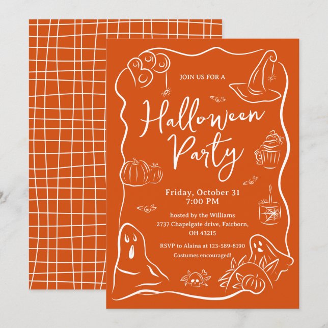 Spooky Quirky Hand Drawn Doodle Halloween Party  Invitation (Front/Back)