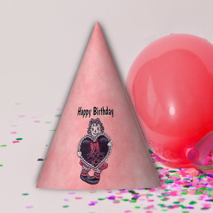 Spooky Rag Doll in Red Large Black Heart Pinks Party Hat