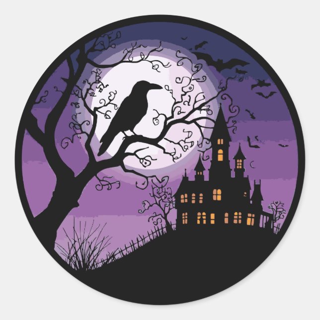 Spooky Raven and Haunted Mansion Classic Round Sticker (Front)