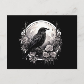 Spooky Raven Crow, Moon & Rose Gothic Illustration Postcard