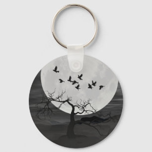 Spooky Ravens Flying Against the Full Moon Key Ring