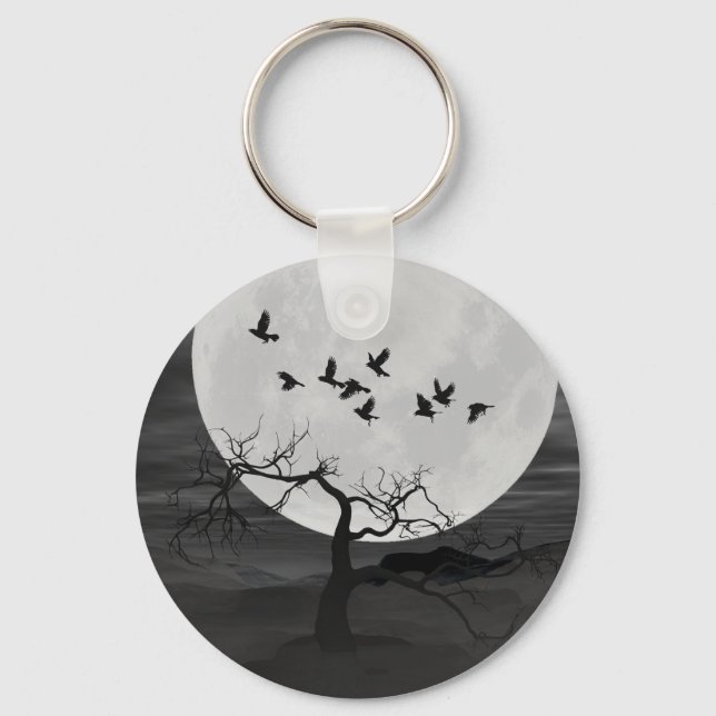 Spooky Ravens Flying Against the Full Moon Key Ring (Front)