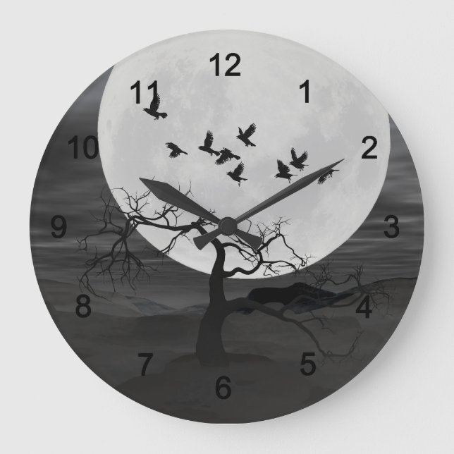 Spooky Ravens Flying Against the Full Moon Large Clock (Front)