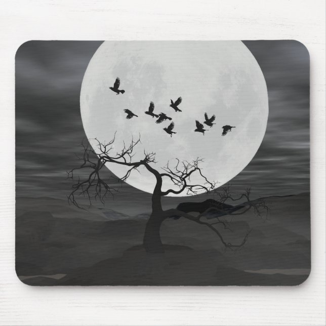 Spooky Ravens Flying Against the Full Moon Mouse Mat (Front)