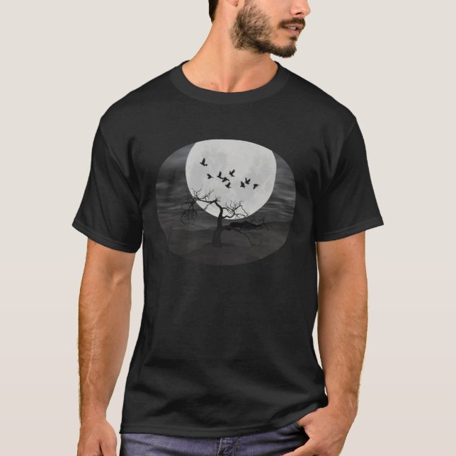 Spooky Ravens Flying Against the Full Moon T-Shirt (Front)