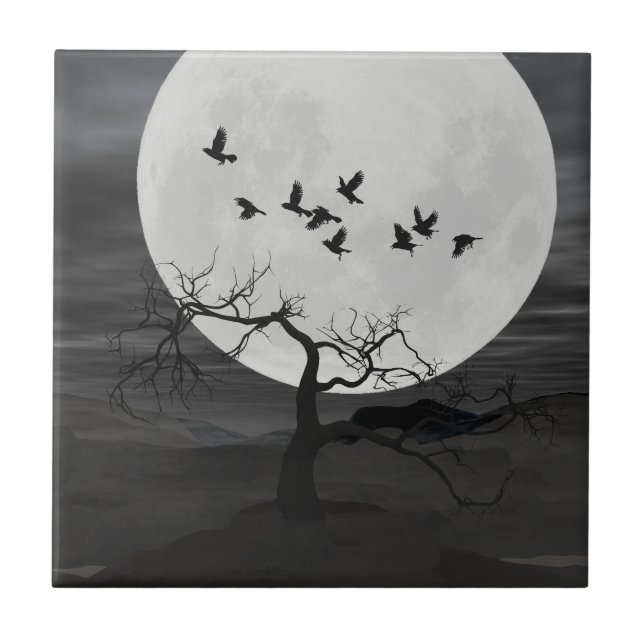 Spooky Ravens Flying Against the Full Moon Tile (Front)