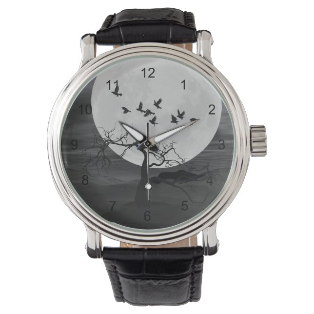 Spooky Ravens Flying Against the Full Moon Watch (Front)
