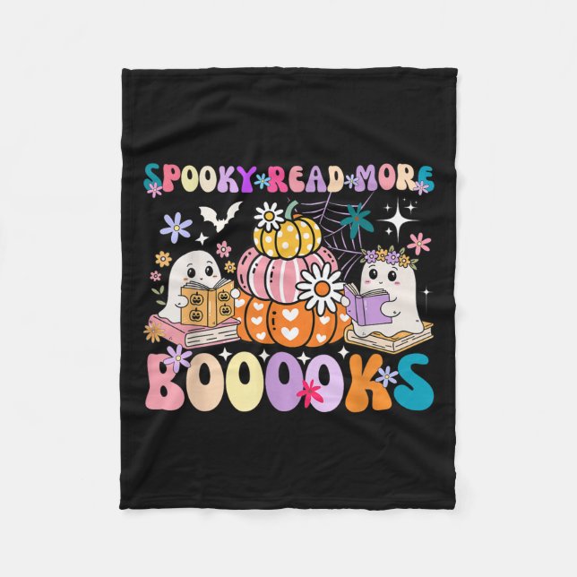 Spooky Read More Boooooks Cute Ghost Pumpkin Readi Fleece Blanket (Front)