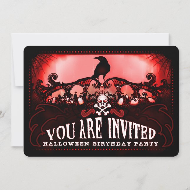 Spooky Red & Black Raven Halloween Birthday Party Invitation (Front)