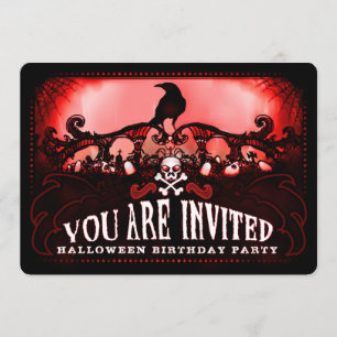 Spooky Red & Black Raven Halloween Birthday Party Invitation