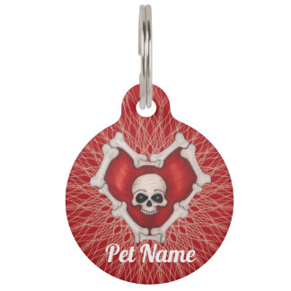 Spooky Red Heart of Bones Skull Spiral Pattern Pet Tag
