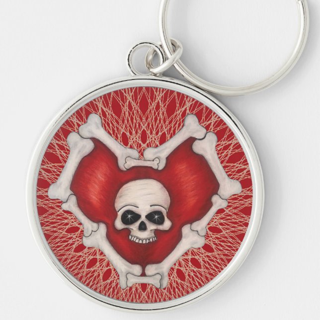 Spooky Red Heart Outlined in White Bones Skull  Key Ring (Front)