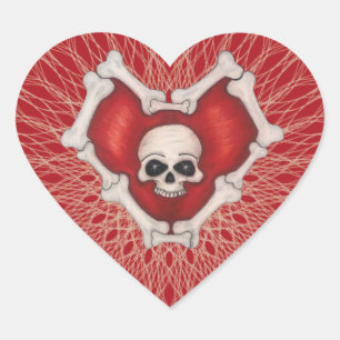 Spooky Red Heart With Spirals Skull and Bones Heart Sticker