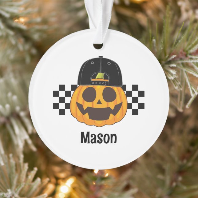 Spooky Retro Pumpkin Dude Baby Boys Name Halloween Ornament (Tree)