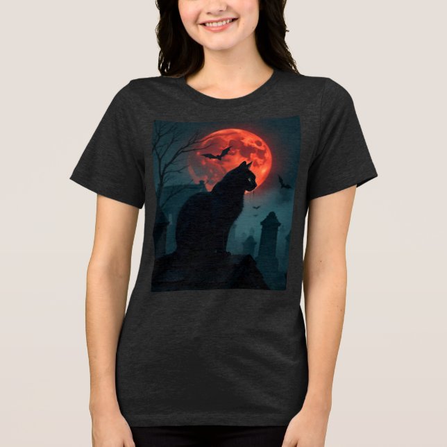 Spooky Rooftop Cat Under Blood Moon Tri-Blend Shirt (Front)