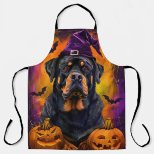 Spooky Rottweiler Dog Halloween Witch And Pumpkin Apron