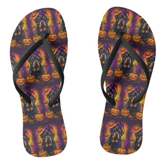 Spooky Rottweiler Dog Halloween Witch And Pumpkin Flip Flops (Footbed)