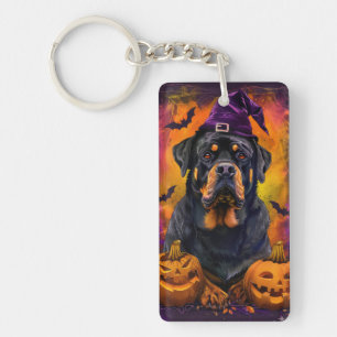 Spooky Rottweiler Dog Halloween Witch And Pumpkin Key Ring