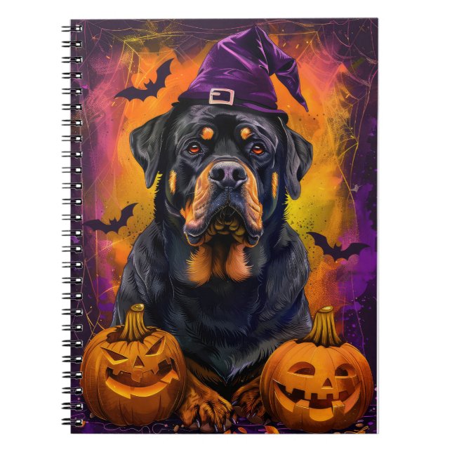 Spooky Rottweiler Dog Halloween Witch And Pumpkin Notebook (Front)