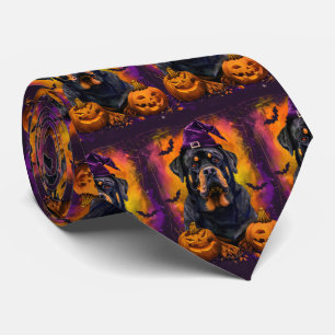 Spooky Rottweiler Dog Halloween Witch And Pumpkin Tie