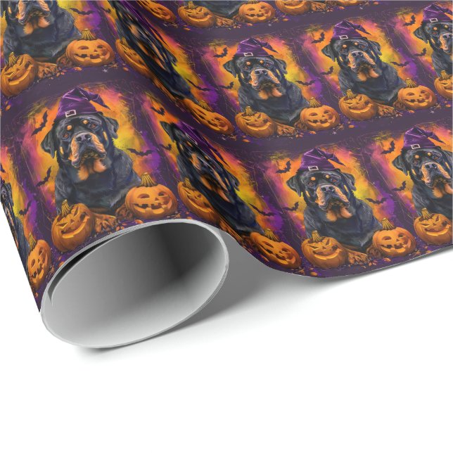 Spooky Rottweiler Dog Halloween Witch And Pumpkin Wrapping Paper (Roll Corner)
