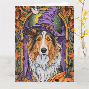 Spooky Rough Collie Dog Halloween Witch Pumpkin  Card