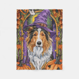 Spooky Rough Collie Dog Halloween Witch Pumpkin Fleece Blanket